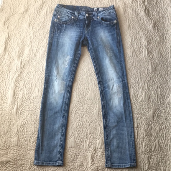 Miss Me Fleur De Lis Rhinestone Distressed Patches Straight Leg Jeans size 26 - Picture 4 of 13